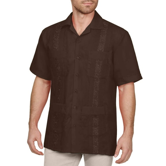 J. METHOD Men's Short Sleeve Cuban Guayabera Button Down Shirts Classic Embroidered 4 Pockets Casual Top NEMT112 Brown L