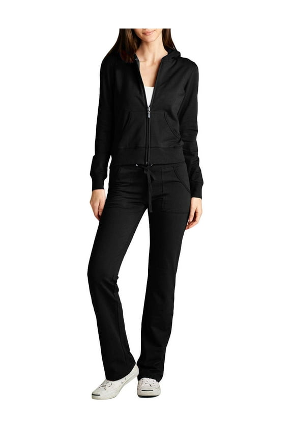 Women's 2 Piece Outfit Casual Basic French Terry Zip Up Hoodie and Sweatpants Sweatsuit Tracksuit Set NEWTS01 Black S