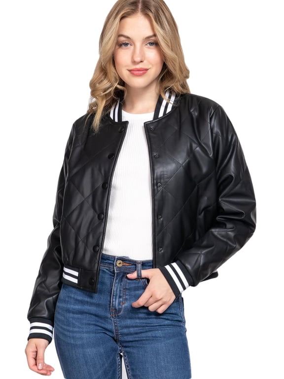 Women's Bomber Jacket PU Faux Leather Quilted Long Sleeve Button Down Casual Coat Outerwear