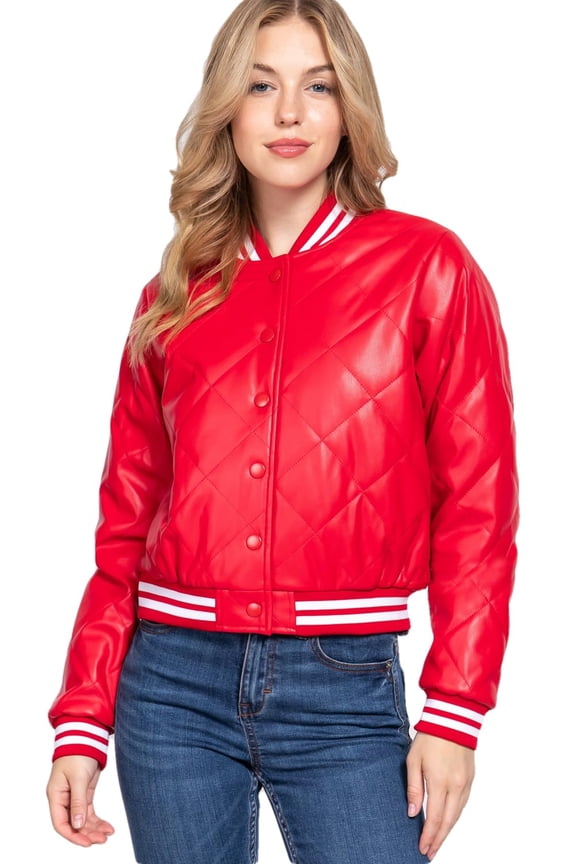 Women's Bomber Jacket PU Faux Leather Quilted Long Sleeve Button Down Casual Coat Outerwear