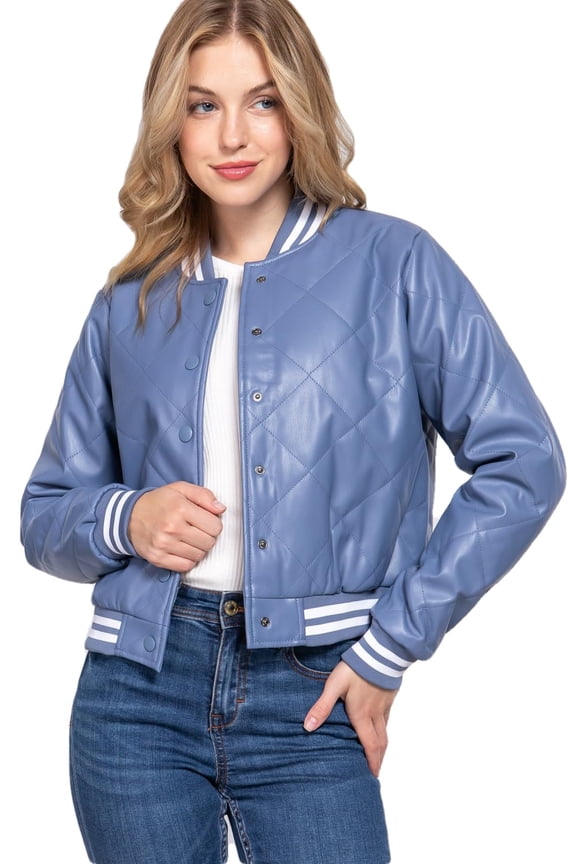 Women's Bomber Jacket PU Faux Leather Quilted Long Sleeve Button Down Casual Coat Outerwear