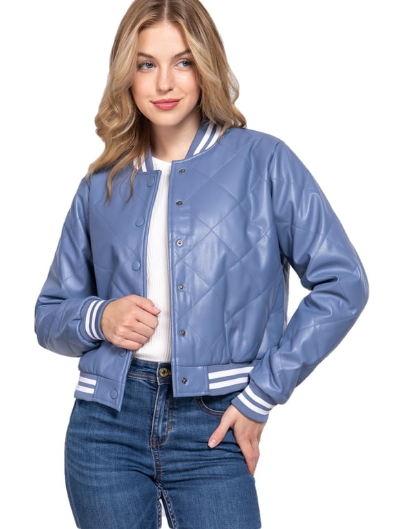 Women's Bomber Jacket PU Faux Leather Quilted Long Sleeve Button Down Casual Coat Outerwear