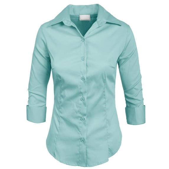 J. METHOD Women's Button Down Shirt 3/4 Sleeve Roll Up Stretch Collar Office Work Formal Casual Basic Blouse Top NEWT01 Baby Blue L