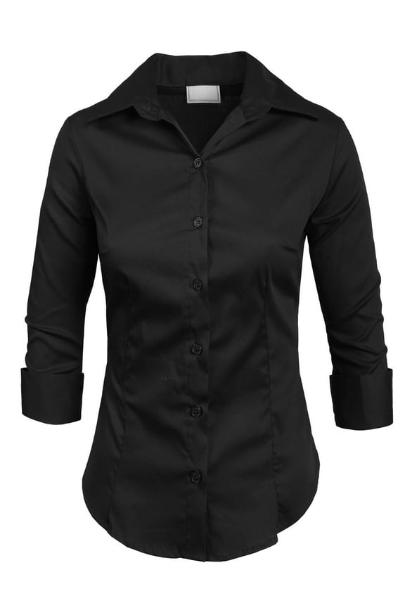 Women's Button Down Shirt 3/4 Sleeve Roll Up Stretch Collar Office Work Formal Casual Basic Blouse Top NEWT01 Black L