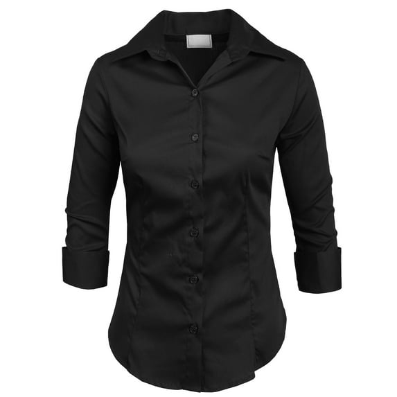 J. METHOD Women's Button Down Shirt 3/4 Sleeve Roll Up Stretch Collar Office Work Formal Casual Basic Blouse Top NEWT01 Black L