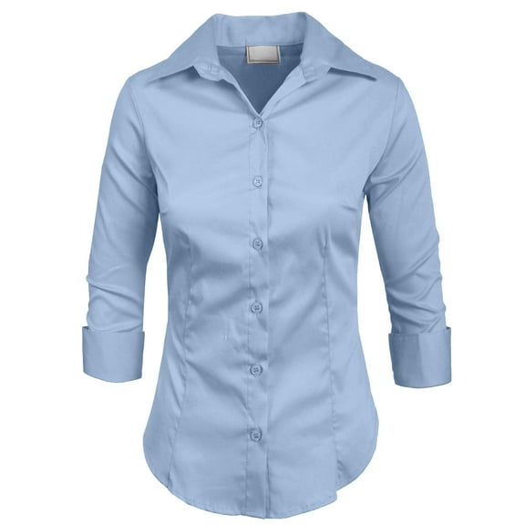 J. METHOD Women's Button Down Shirt 3/4 Sleeve Roll Up Stretch Collar Office Work Formal Casual Basic Blouse Top NEWT01 Blue M