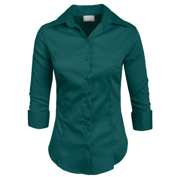 J. METHOD Women's Button Down Shirt 3/4 Sleeve Roll Up Stretch Collar Office Work Formal Casual Basic Blouse Top NEWT01 Dark Teal S