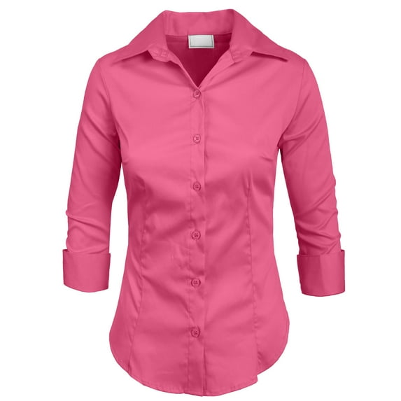 J. METHOD Women's Button Down Shirt 3/4 Sleeve Roll Up Stretch Collar Office Work Formal Casual Basic Blouse Top NEWT01 Hot Pink M