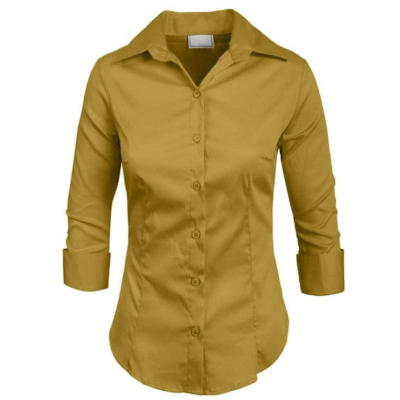 J. METHOD Women's Button Down Shirt 3/4 Sleeve Roll Up Stretch Collar Office Work Formal Casual Basic Blouse Top NEWT01 Khaki XL