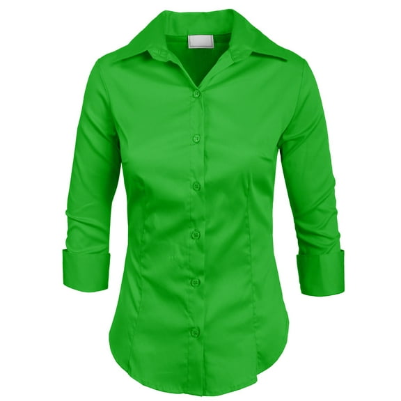 J. METHOD Women's Button Down Shirt 3/4 Sleeve Roll Up Stretch Collar Office Work Formal Casual Basic Blouse Top NEWT01 Lime L