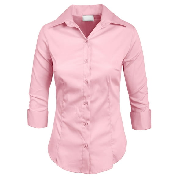 J. METHOD Women's Button Down Shirt 3/4 Sleeve Roll Up Stretch Collar Office Work Formal Casual Basic Blouse Top NEWT01 Pink L