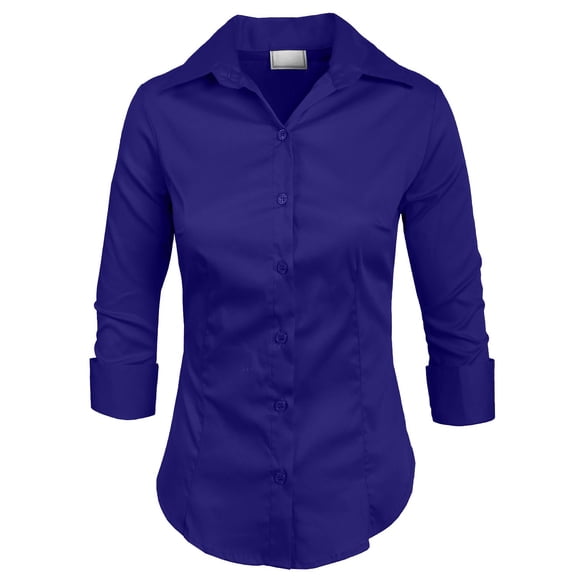 J. METHOD Women's Button Down Shirt 3/4 Sleeve Roll Up Stretch Collar Office Work Formal Casual Basic Blouse Top NEWT01 Royal Blue 6X