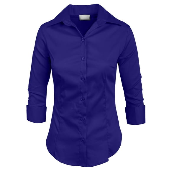 J. METHOD Women's Button Down Shirt 3/4 Sleeve Roll Up Stretch Collar Office Work Formal Casual Basic Blouse Top NEWT01 Royal Blue L