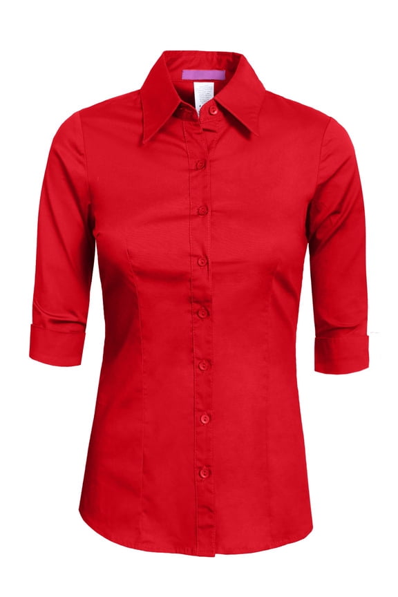 Women's Button Down Shirt 3/4 Sleeve Roll Up Stretch Collar Office Work Formal Casual Basic Blouse Top
