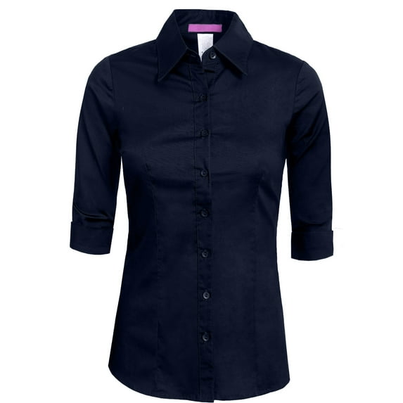 J. METHOD Women's Button Down Shirt 3/4 Sleeve Roll Up Stretch Collar Office Work Formal Casual Basic Blouse Top