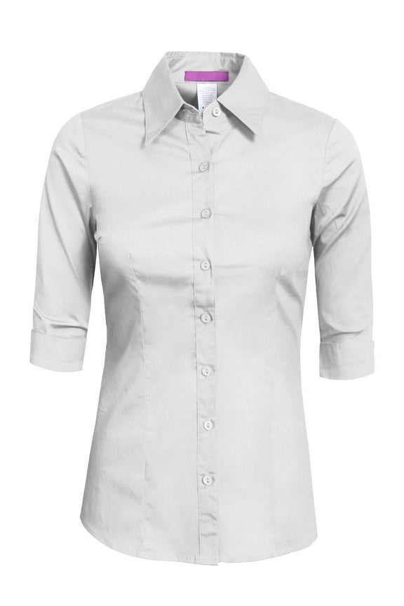Women's Button Down Shirt 3/4 Sleeve Roll Up Stretch Collar Office Work Formal Casual Basic Blouse Top