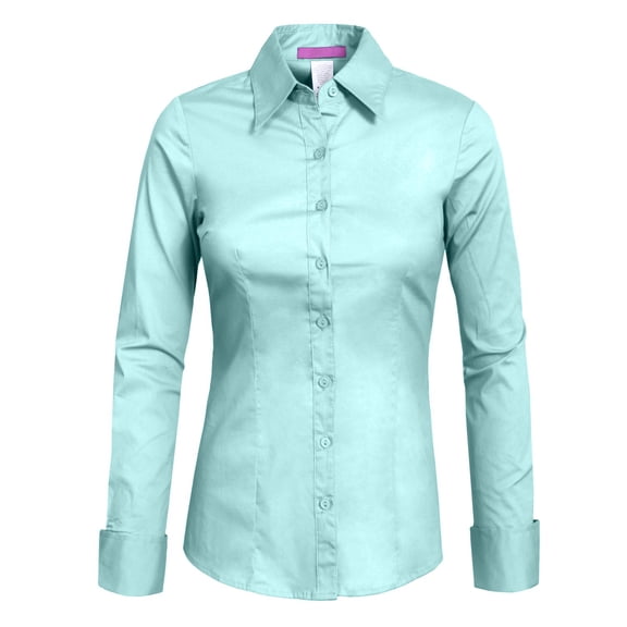 J. METHOD Women's Button Down Shirt Long Sleeve Roll Up Stretch Collar Office Work Formal Casual Basic Blouse Top NEWT04 Baby Blue S