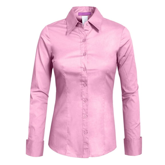 J. METHOD Women's Button Down Shirt Long Sleeve Roll Up Stretch Collar Office Work Formal Casual Basic Blouse Top NEWT04 Baby Pink S