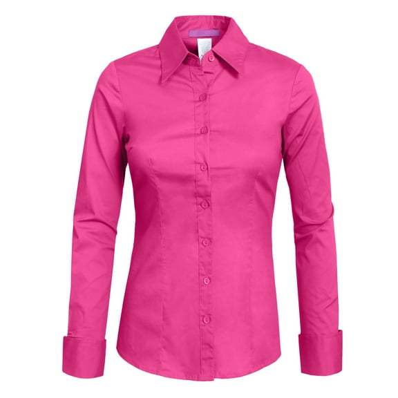 J. METHOD Women's Button Down Shirt Long Sleeve Roll Up Stretch Collar Office Work Formal Casual Basic Blouse Top NEWT04 Hot Pink XL