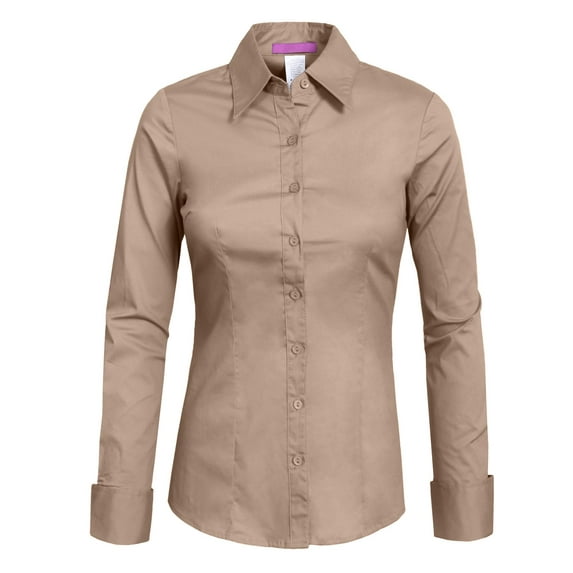 J. METHOD Women's Button Down Shirt Long Sleeve Roll Up Stretch Collar Office Work Formal Casual Basic Blouse Top NEWT04 Muffintan M