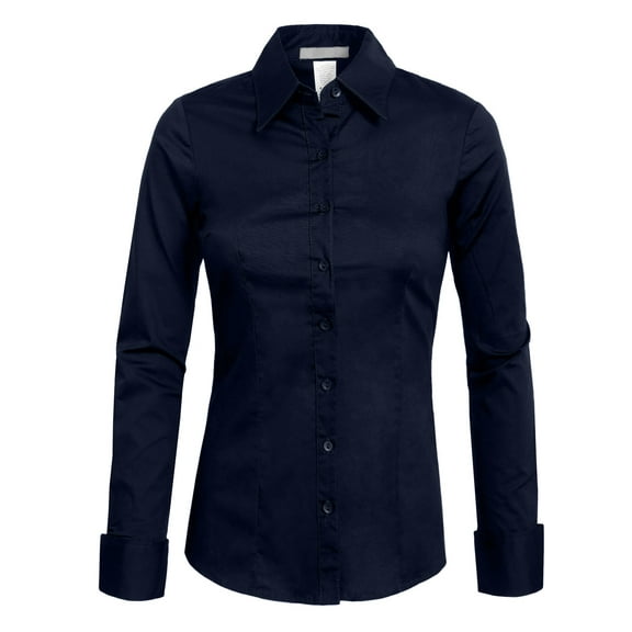 J. METHOD Women's Button Down Shirt Long Sleeve Roll Up Stretch Collar Office Work Formal Casual Basic Blouse Top NEWT04 Navy Blue XL