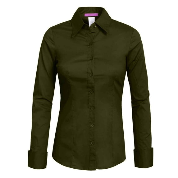 J. METHOD Women's Button Down Shirt Long Sleeve Roll Up Stretch Collar Office Work Formal Casual Basic Blouse Top NEWT04 Olive 2X