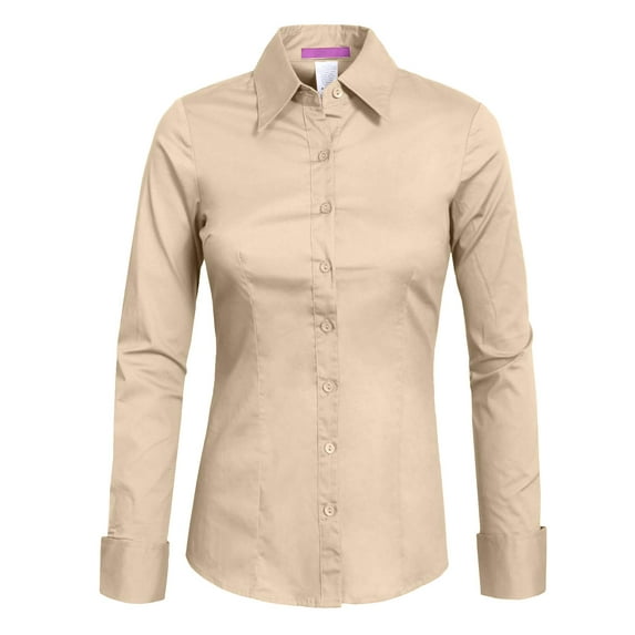 J. METHOD Women's Button Down Shirt Long Sleeve Roll Up Stretch Collar Office Work Formal Casual Basic Blouse Top NEWT04 Washed Sand XL