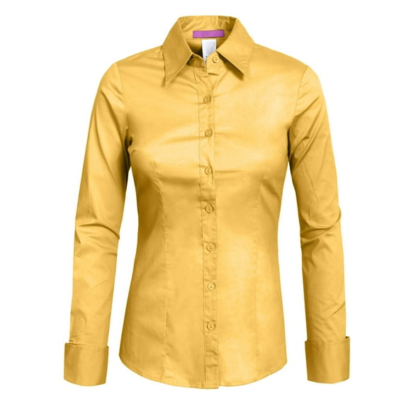 J. METHOD Women's Button Down Shirt Long Sleeve Roll Up Stretch Collar Office Work Formal Casual Basic Blouse Top NEWT04 Yellow 3X