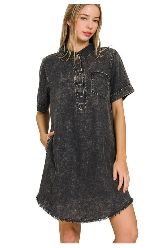 Women's Casual Dress - Acid Wash Short Sleeve Raw Edge Button Down Mini One Piece with Pockets