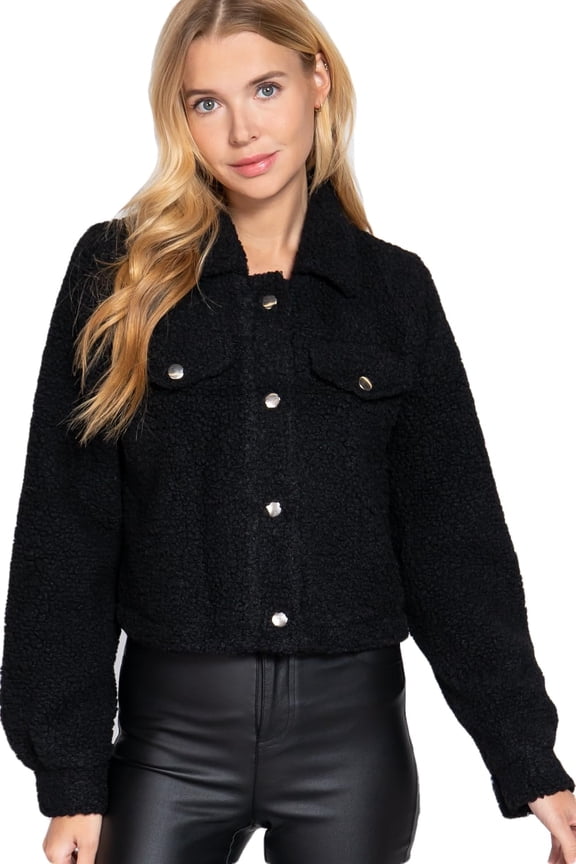 Women's Crop Jacket Faux Fur Snap Button Long Sleeve Casual Cropped Shacket Outerwear