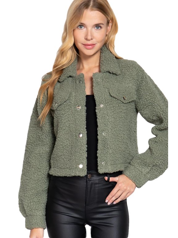 Women's Crop Jacket Faux Fur Snap Button Long Sleeve Casual Cropped Shacket Outerwear