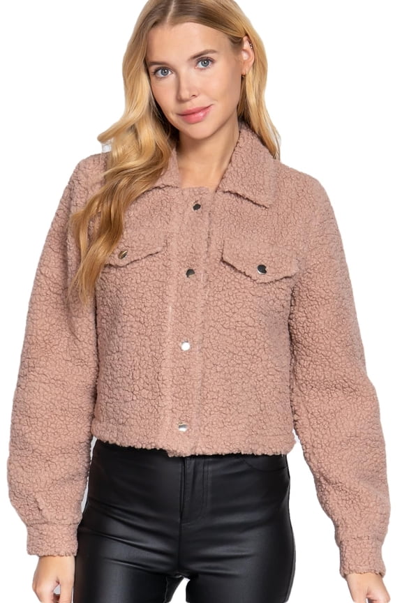 Women's Crop Jacket Faux Fur Snap Button Long Sleeve Casual Cropped Shacket Outerwear