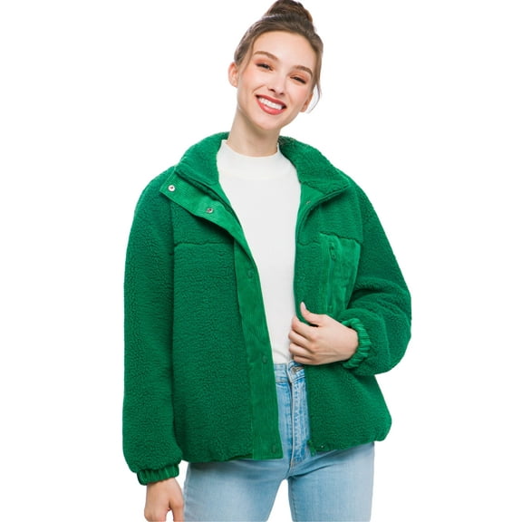 J. METHOD Women's Fur Fleece Jacket Long Sleeve Casual High Neck Collar Corduroy Accent Loose Fit Coat with Zipper Pockets