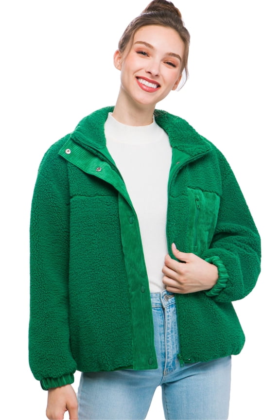 Women's Fur Fleece Jacket Long Sleeve Casual High Neck Collar Corduroy Accent Loose Fit Coat with Zipper Pockets