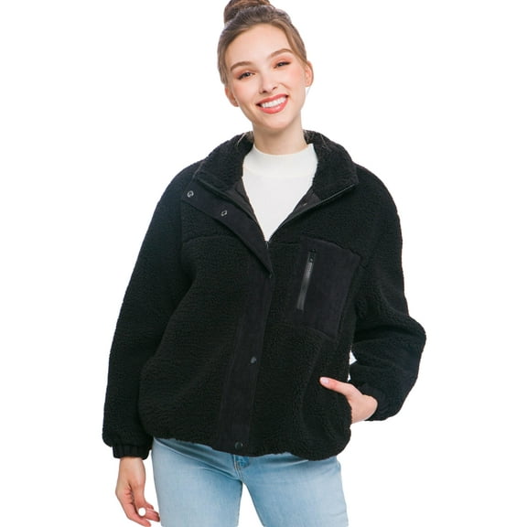 J. METHOD Women's Fur Fleece Jacket Long Sleeve Casual High Neck Collar Corduroy Accent Loose Fit Coat with Zipper Pockets