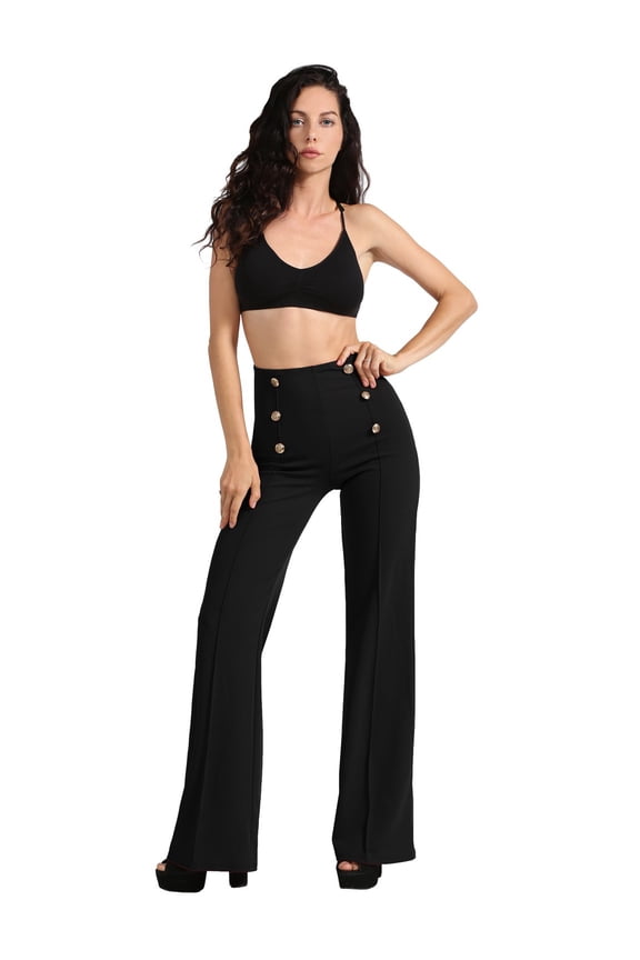 Women’s High Waisted Sailor Bell Bottom Elastic Waist Long Pants Made in USA NEWP44 Black 3X