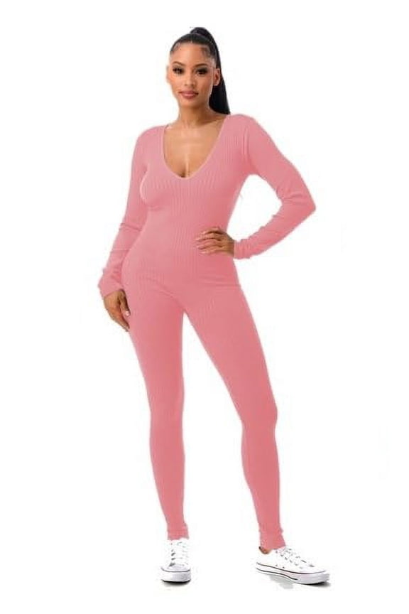 Women’s Jumpsuit – Casual Long Sleeve Deep V Neck Seamless Ribbed Knit Stretch Pants One Piece