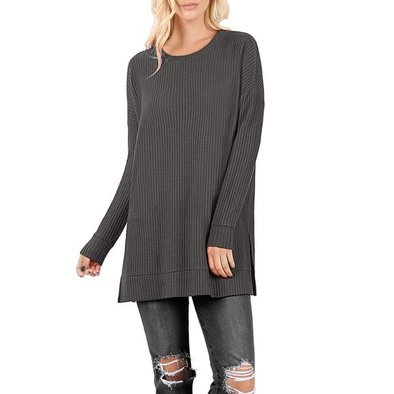 J. METHOD Women’s Knit Sweater Long Sleeve Round Neck Thermal Waffle Warm Casual Tunic Pullover Side Slit Knitted Top NEWT392 Ash Grey 2XL
