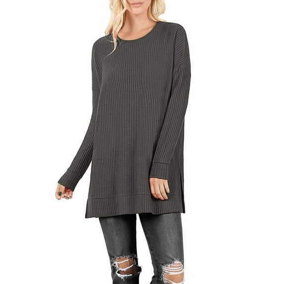 J. METHOD Women’s Knit Sweater Long Sleeve Round Neck Thermal Waffle Warm Casual Tunic Pullover Side Slit Knitted Top NEWT392 Ash Grey M