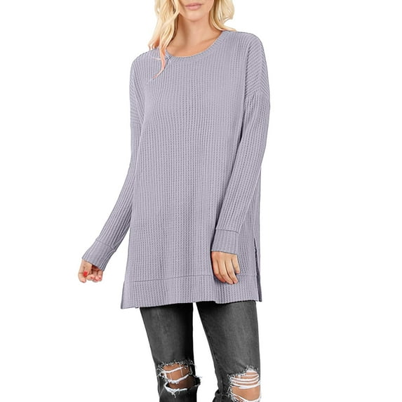 J. METHOD Women’s Knit Sweater Long Sleeve Round Neck Thermal Waffle Warm Casual Tunic Pullover Side Slit Knitted Top NEWT392 Ash Lavender 2XL