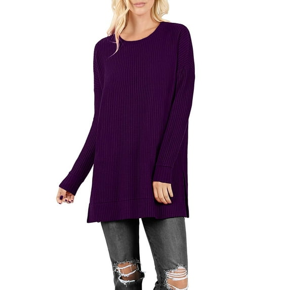 J. METHOD Women’s Knit Sweater Long Sleeve Round Neck Thermal Waffle Warm Casual Tunic Pullover Side Slit Knitted Top NEWT392 Dark Purple M