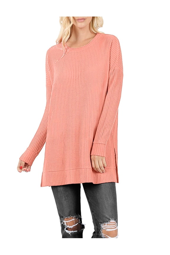 Women’s Knit Sweater Long Sleeve Round Neck Thermal Waffle Warm Casual Tunic Pullover Side Slit Knitted Top NEWT392 Deep Coral 1XL