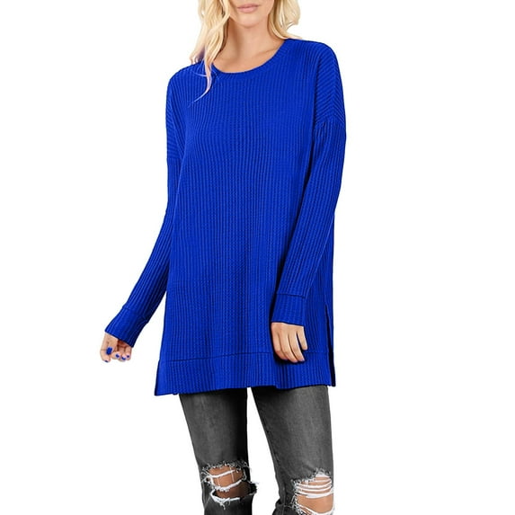 J. METHOD Women’s Knit Sweater Long Sleeve Round Neck Thermal Waffle Warm Casual Tunic Pullover Side Slit Knitted Top NEWT392 Denim Blue 2XL