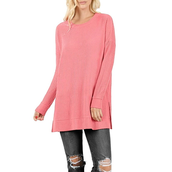J. METHOD Women’s Knit Sweater Long Sleeve Round Neck Thermal Waffle Warm Casual Tunic Pullover Side Slit Knitted Top NEWT392 Desert Rose L