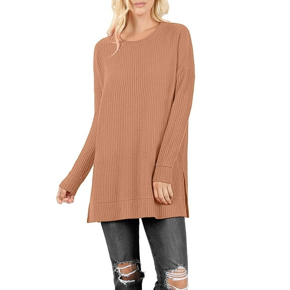 J. METHOD Women’s Knit Sweater Long Sleeve Round Neck Thermal Waffle Warm Casual Tunic Pullover Side Slit Knitted Top NEWT392 Eggshell 1XL