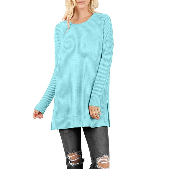 J. METHOD Women’s Knit Sweater Long Sleeve Round Neck Thermal Waffle Warm Casual Tunic Pullover Side Slit Knitted Top NEWT392 Iceblue XL