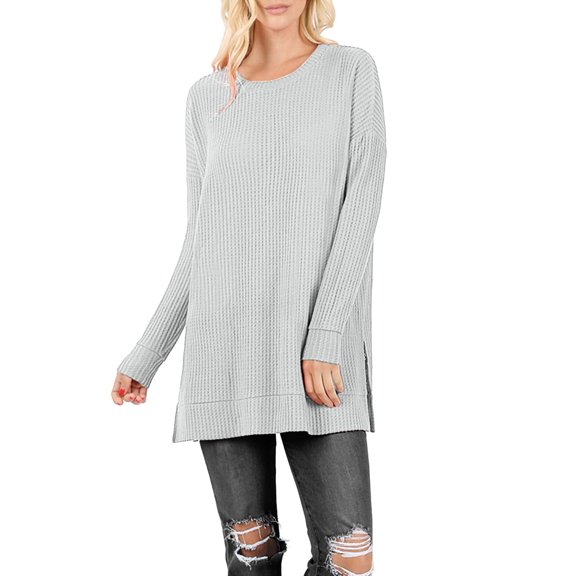 J. METHOD Women’s Knit Sweater Long Sleeve Round Neck Thermal Waffle Warm Casual Tunic Pullover Side Slit Knitted Top NEWT392 Light Grey 3XL