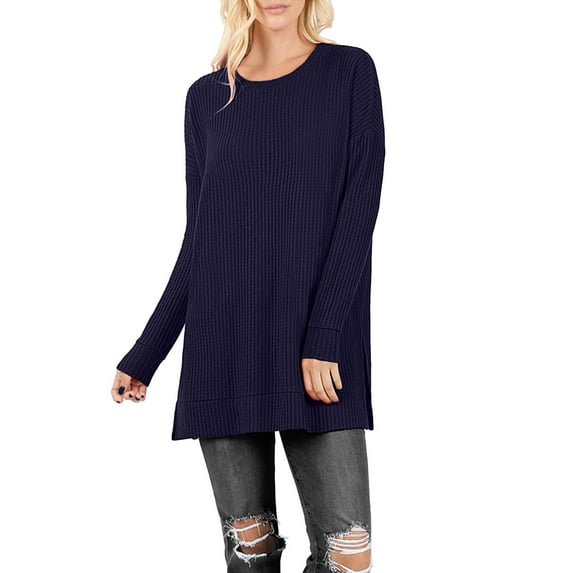 J. METHOD Women’s Knit Sweater Long Sleeve Round Neck Thermal Waffle Warm Casual Tunic Pullover Side Slit Knitted Top NEWT392 Navy L