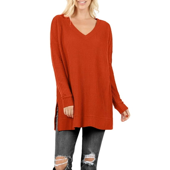 J. METHOD Women’s Knit Sweater Long Sleeve V-Neck Thermal Waffle Warm Casual Tunic Pullover Side Slit Knitted Top NEWT395 Copper M