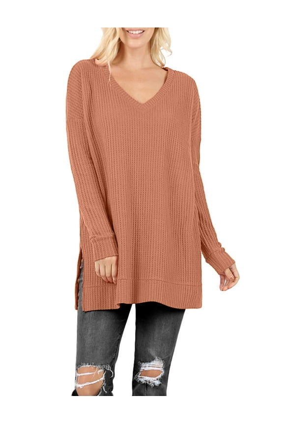 Womens Knit Sweater Long Sleeve V-Neck Thermal Waffle Warm Casual Tunic Pullover Side Slit Knitted Top NEWT395 Eggshell 1XL